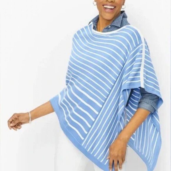 Talbots Baby Blue & Off White Striped Poncho Size S/M - Picture 2 of 6